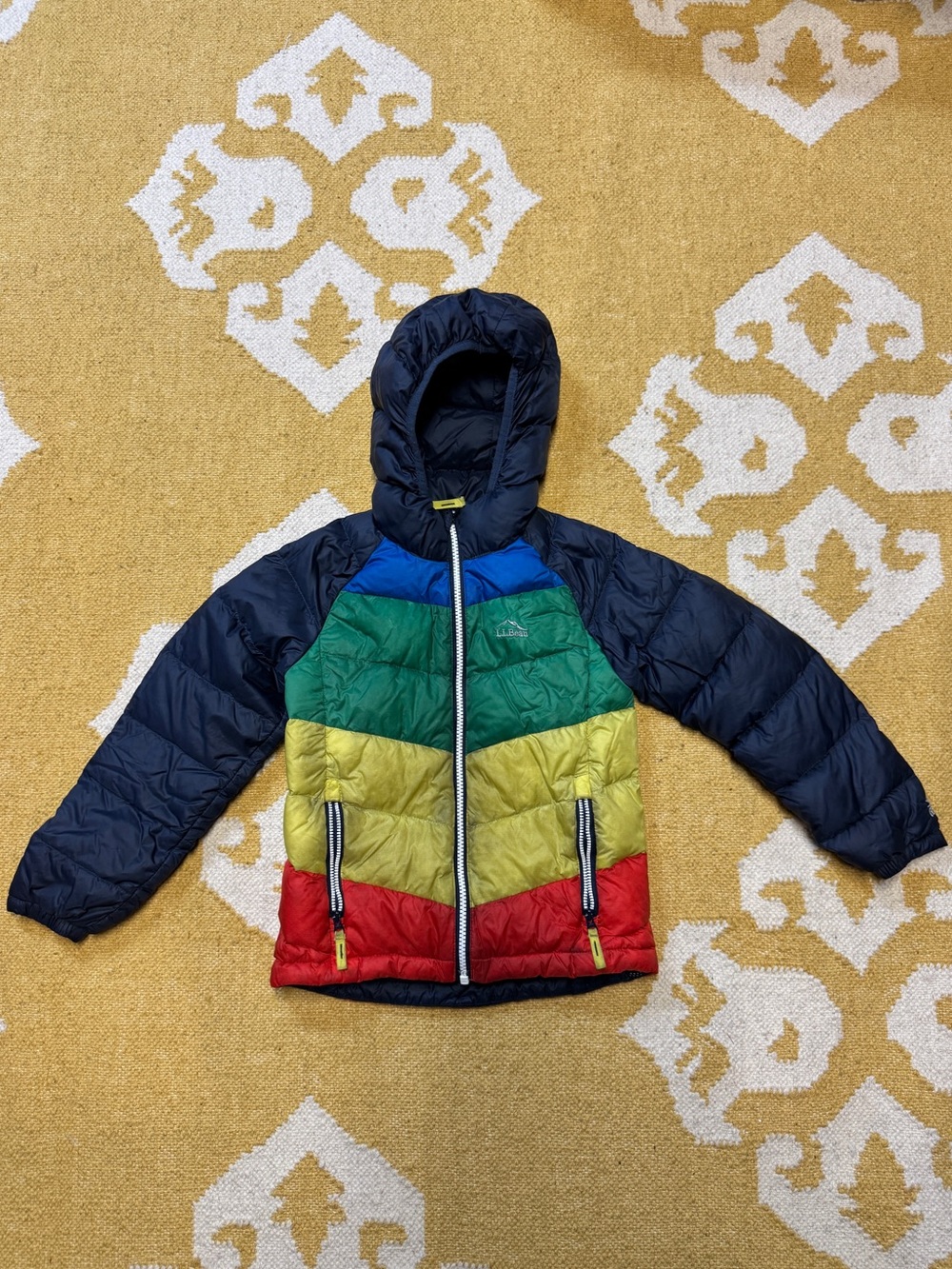 L.L. Bean Kids Colorblock Puffer Jacket - Navy, Blue, Green, Yellow & Red